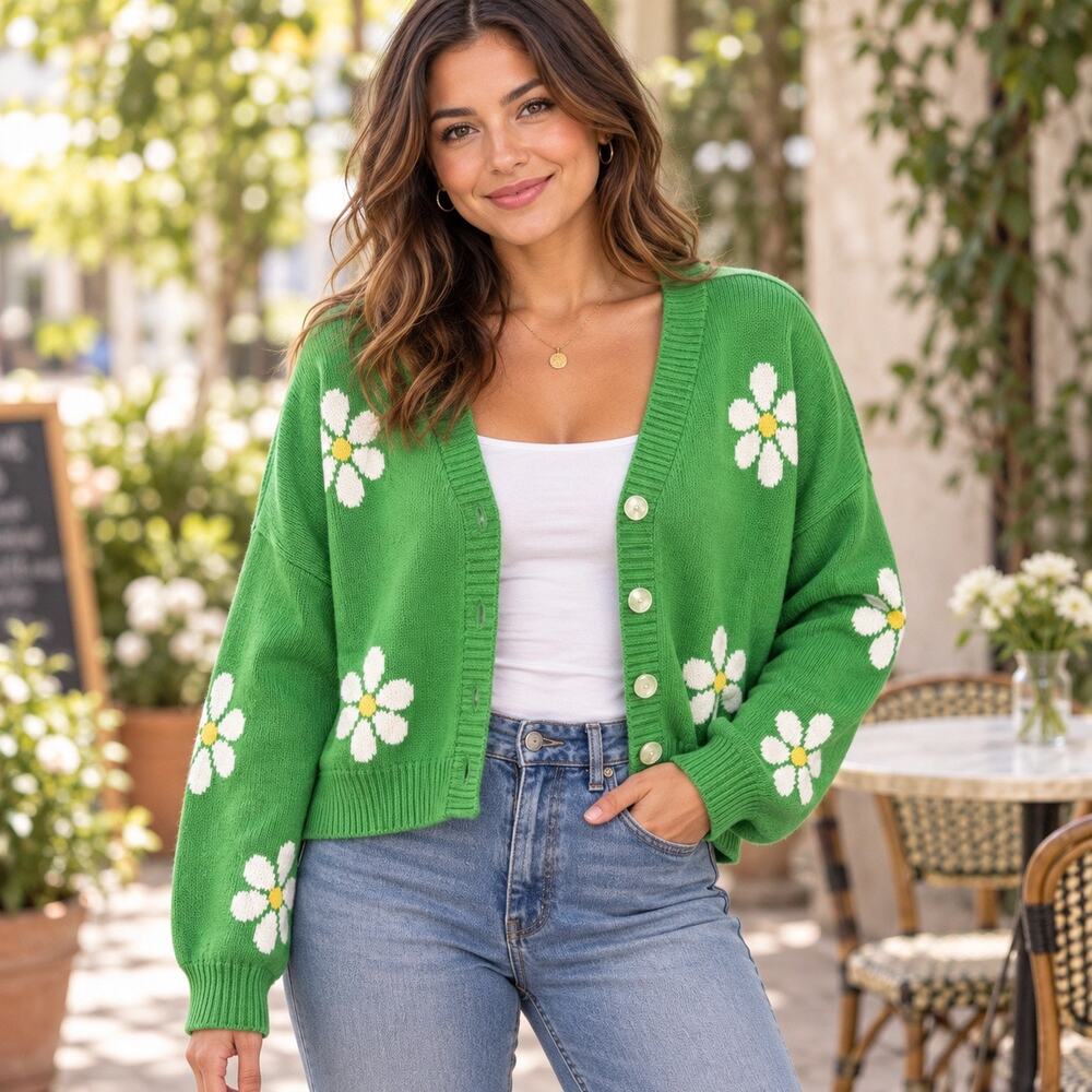 Just Polly Green Daisy Floral Cropped Cardigan Sweater Medium Cottagecore